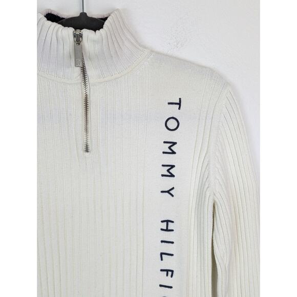 Tommy Hilfiger Sweater Ribbed Knit Quarter Zip Turtleneck Spell Out Y2K Size M - Picture 3 of 14